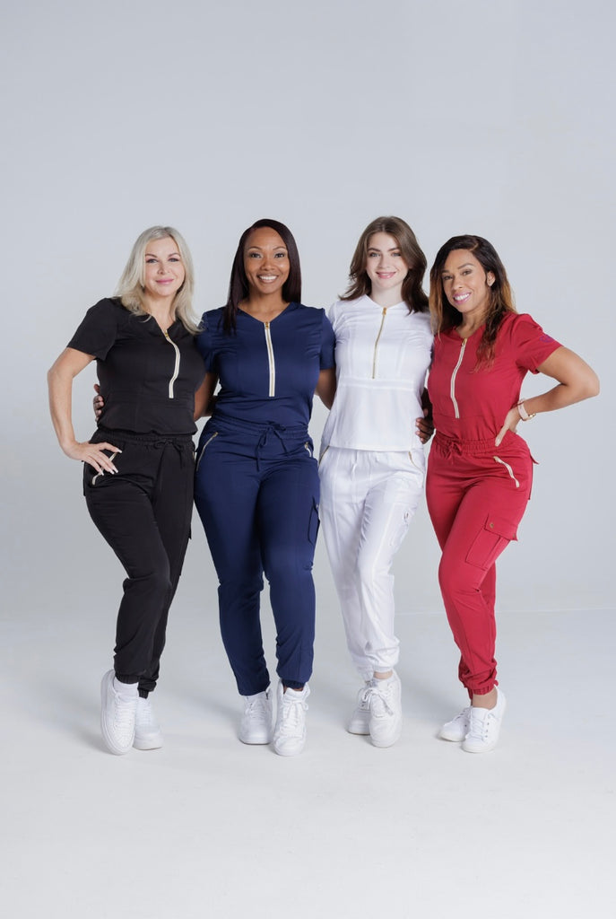 Beautyful Hearts Apparel. Soft, comfortable, stylish sets.  Unique zipper design, signature heart on left sleeve.  Plenty of zippers and pockets. Jogger-style pants provide lift and support to enhance your unique figure.  For healthcare, daycare, spas, lash techs, cosmetologist and everyone else.  Wear your heart on your sleeve!